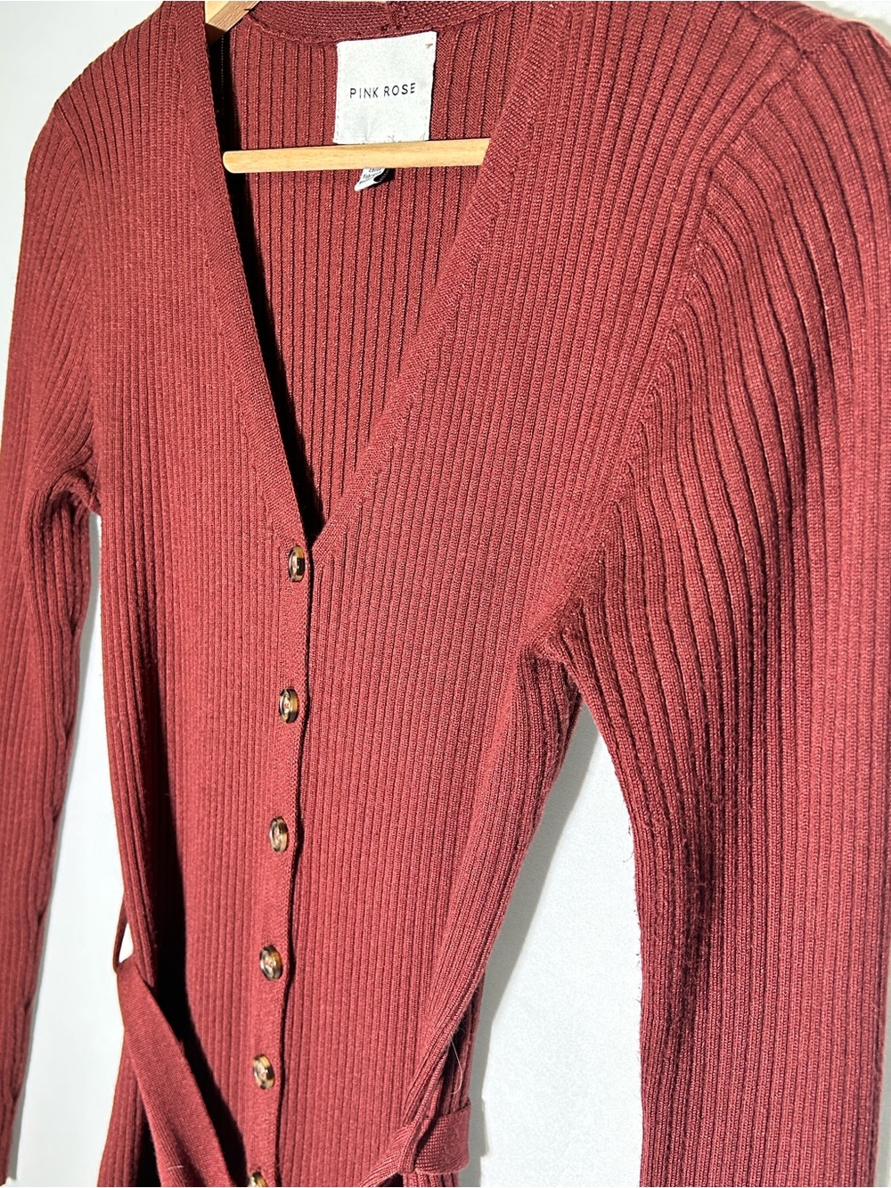 Pink Rose Rust Ribbed Button Front Belted Midi Dress S - Picture 3 of 12